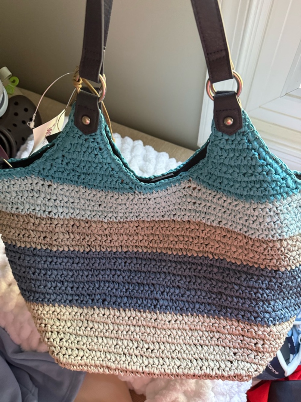 Beautiful the Sak Woven Stripe Tote Bag in Teal, Blue & Neutral Tones